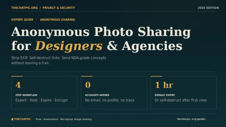 Editorial cover for an expert guide on anonymous photo sharing for designers and agencies, with privacy workflow stats