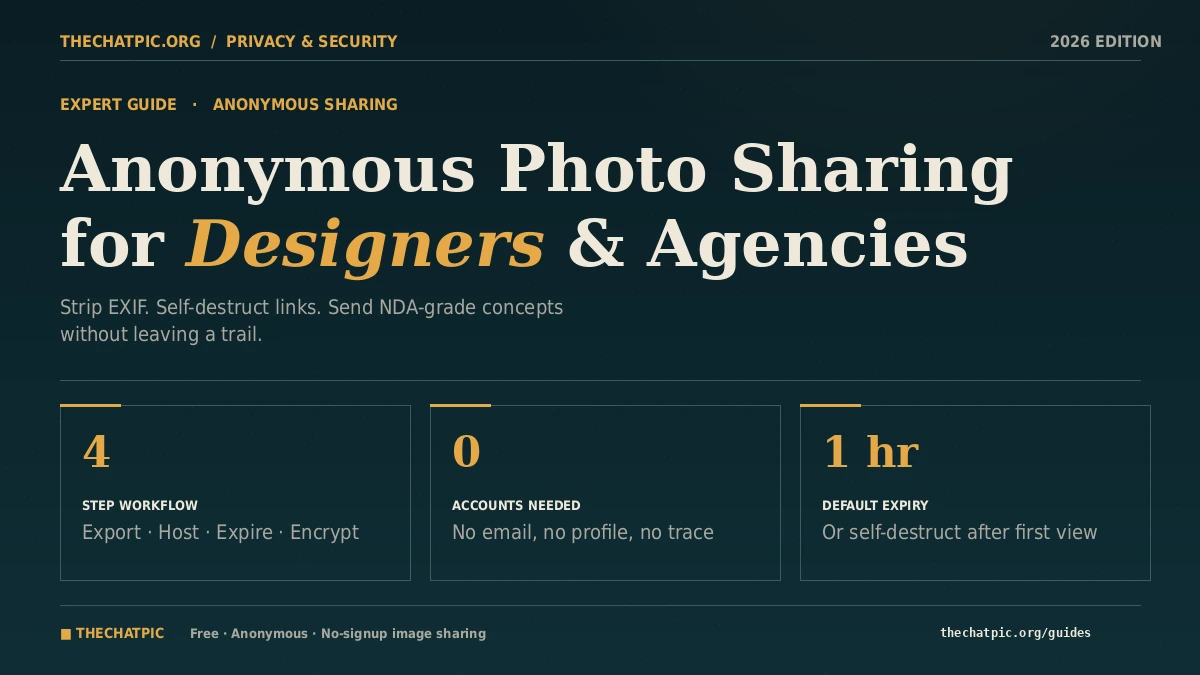 Editorial cover for an expert guide on anonymous photo sharing for designers and agencies, with privacy workflow stats