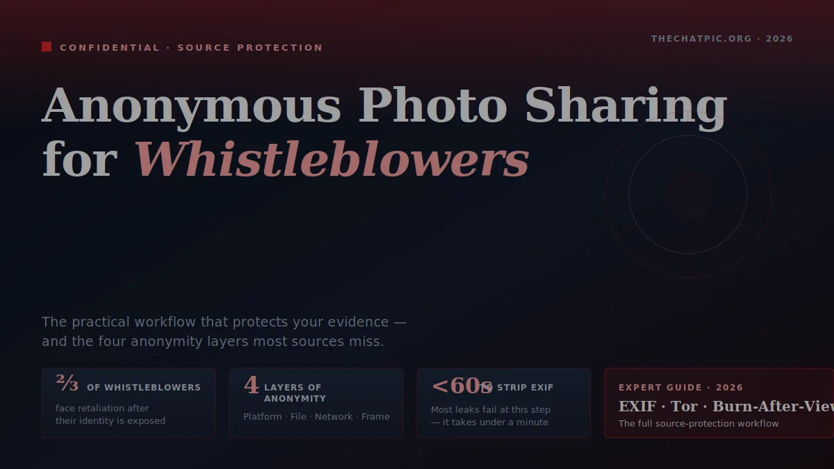 Anonymous photo sharing for whistleblowers guide cover showing four-layer source protection workflow