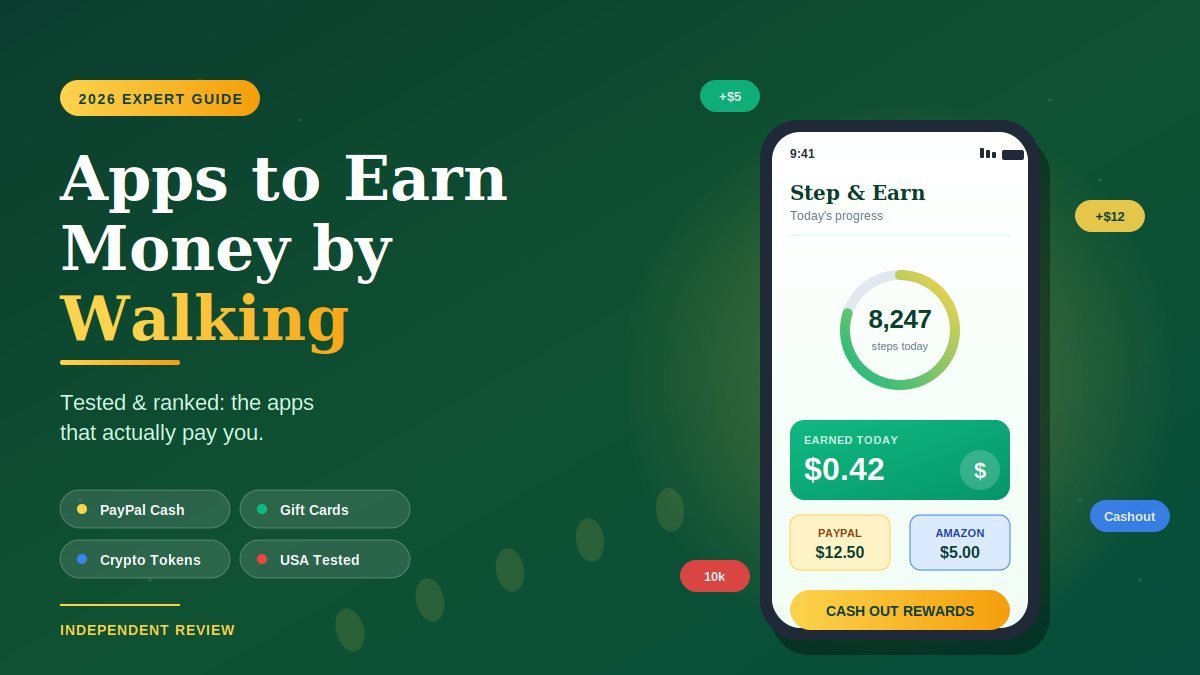 Apps to earn money by walking 2026 dashboard showing step counter, daily earnings, and PayPal cash payout.