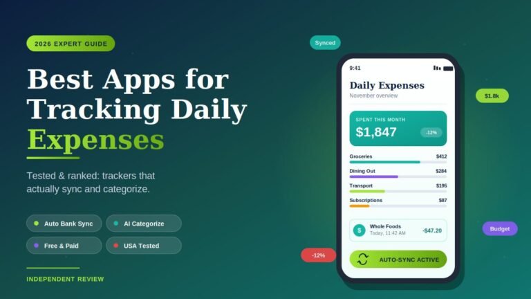 Best apps for tracking daily expenses 2026 dashboard showing monthly spending, category breakdown, and auto-sync status.