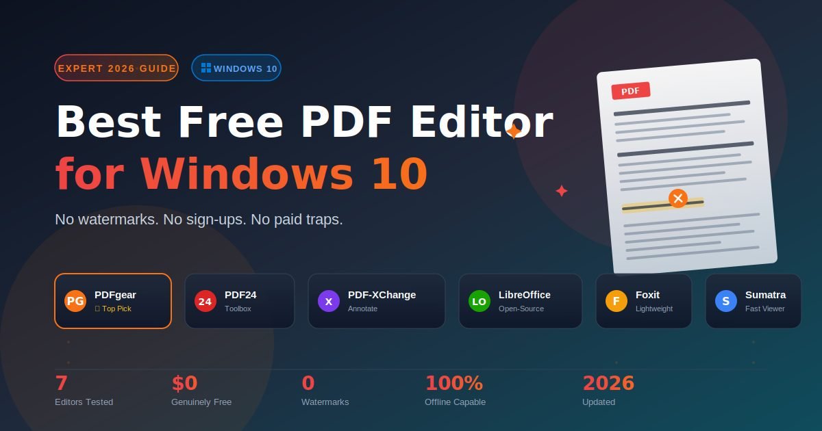 Best free PDF editor for Windows 10 in 2026 — PDFgear, PDF24, PDF-XChange, LibreOffice Draw, Foxit and Sumatra compared