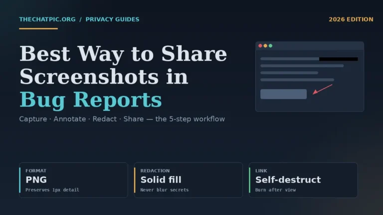 Dark editorial graphic showing the 5-step workflow to share screenshots in bug reports — capture, annotate, redact, share.