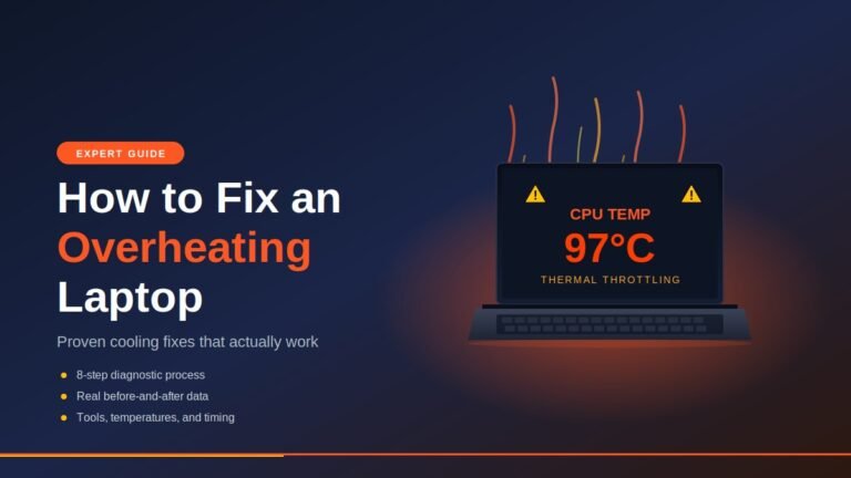 How to fix an overheating laptop — diagnostic guide showing CPU temperature warning and cooling steps