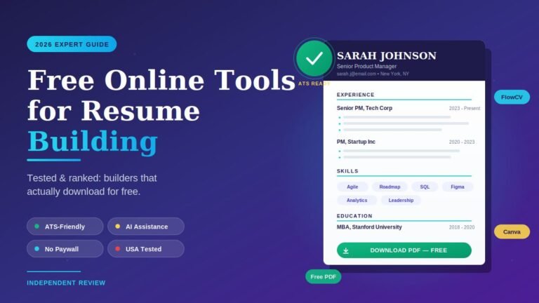 Free online tools for resume building 2026 with ATS-ready resume mockup, skills section, and free PDF download button.