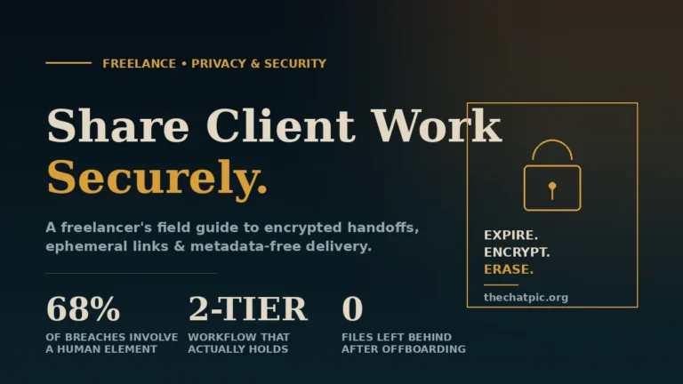 Freelancer security guide cover showing "Share Client Work Securely" headline with padlock icon and breach statistics on dark editorial background.