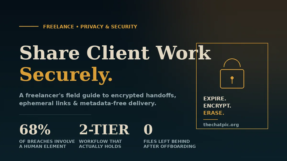 Freelancer security guide cover showing "Share Client Work Securely" headline with padlock icon and breach statistics on dark editorial background.