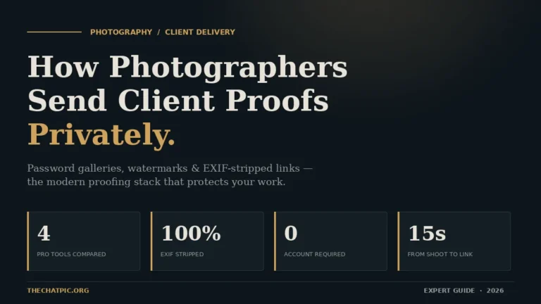Dark editorial featured image for a guide on private photo proofing workflows. Includes four key-stat cards: tools compared, EXIF protection, no-account delivery, and shoot-to-link speed.