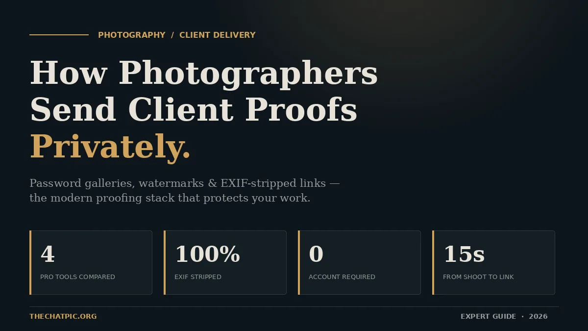 Dark editorial featured image for a guide on private photo proofing workflows. Includes four key-stat cards: tools compared, EXIF protection, no-account delivery, and shoot-to-link speed.