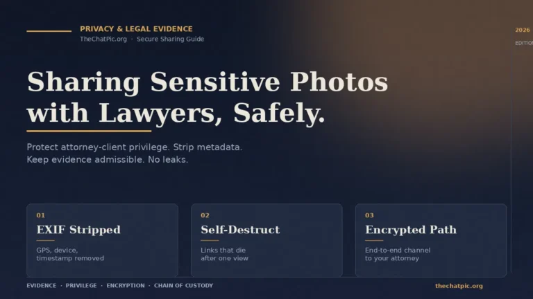 Dark editorial graphic on sharing sensitive photos with lawyers safely, showing EXIF, self-destruct, and encryption.