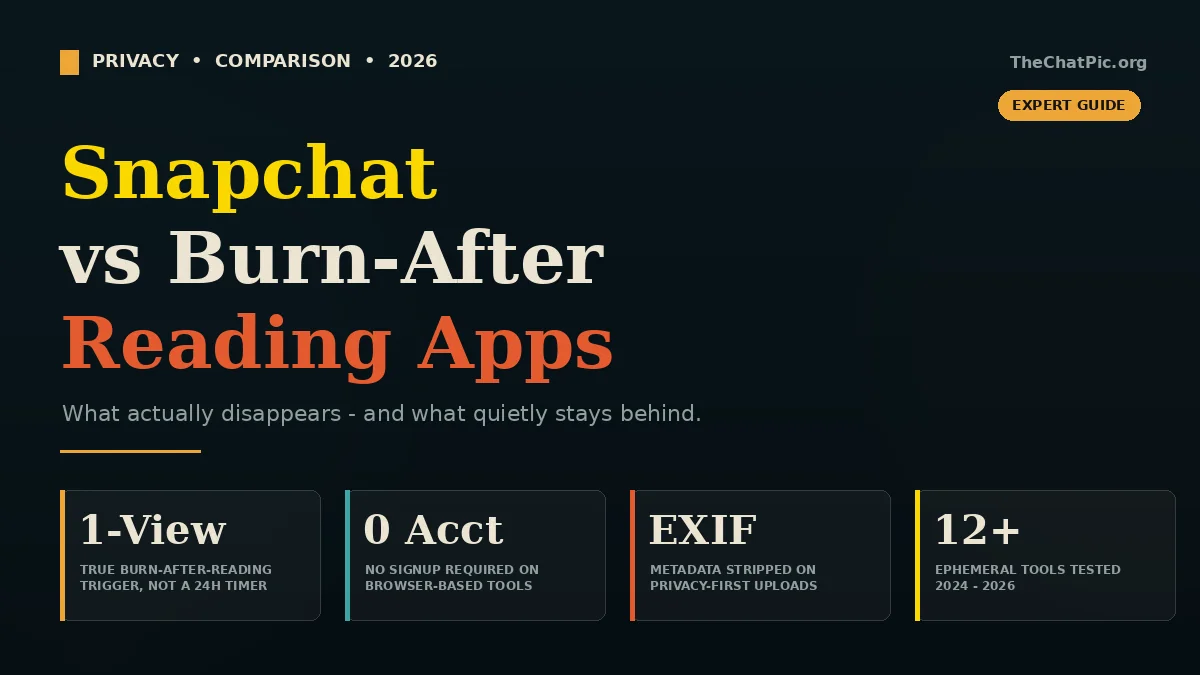 Snapchat vs burn after reading apps comparison graphic showing single-view, no account, EXIF removal stats