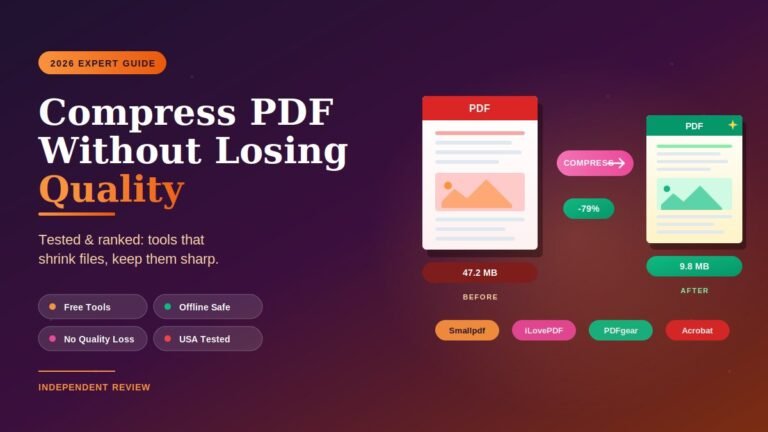 Tools to compress PDF without losing quality 2026 showing before and after file size reduction from 47 MB to 9.8 MB.